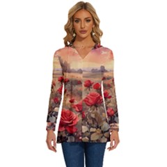 Roses Flower Field Sunset Nature Long Sleeve Drawstring Hooded Top by Anend