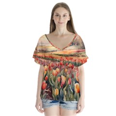 Tulips Field Tree V-neck Flutter Sleeve Top by Anend