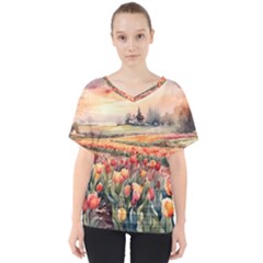 Tulips Field Tree V-neck Dolman Drape Top by Anend