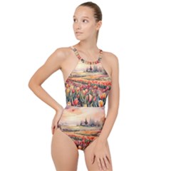 Tulips Field Tree High Neck One Piece Swimsuit by Anend