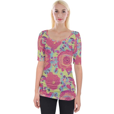 Mid Century Retro Floral 1970s 1960s Pattern 82 Wide Neckline T-shirt by violetheavensky