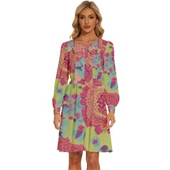 Mid Century Retro Floral 1970s 1960s Pattern 82 Women s Round Neck Long Sleeve Bow Deco Dress by violetheavensky