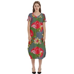 Mid Century Retro Floral 1970s 1960s Pattern 83 T-shirt Midi Dress With Pockets by violetheavensky