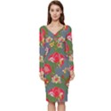 Mid Century Retro Floral 1970s 1960s Pattern 83 Long Sleeve V-Neck Bodycon Dress  View1