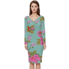 Mid Century Retro Floral 1970s 1960s Pattern 81 Long Sleeve V-neck Bodycon Dress  by violetheavensky