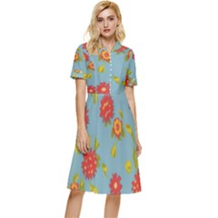 Mid Century Retro Floral 1970s 1960s Pattern 78 Button Top Knee Length Dress by violetheavensky