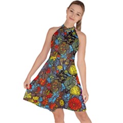 Mid Century Retro Floral 1970s 1960s Pattern 56 Sleeveless Halter Neck A-line Dress by violetheavensky