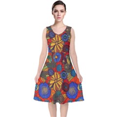 Mid Century Retro Floral 1970s 1960s Pattern 69 V-neck Midi Sleeveless Dress  by violetheavensky