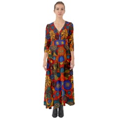 Mid Century Retro Floral 1970s 1960s Pattern 69 Button Up Boho Maxi Dress by violetheavensky