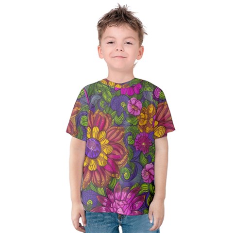 Mid Century Retro Floral 1970s 1960s Pattern 55 Kids  Cotton T-shirt by violetheavensky
