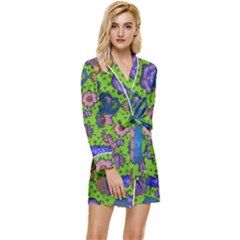 Mid Century Retro Floral 1970s 1960s Pattern 59 Long Sleeve Satin Robe by violetheavensky