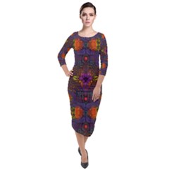 Mid Century Retro Floral 1970s 1960s Pattern 67 Quarter Sleeve Midi Velour Bodycon Dress by violetheavensky