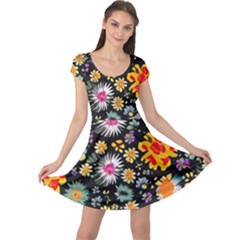 Mid Century Retro Floral 1970s 1960s Pattern 57 Cap Sleeve Dress by violetheavensky
