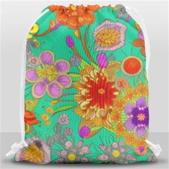 Mid Century Retro Floral 1970s 1960s Pattern 58 Drawstring Bag (large) by violetheavensky