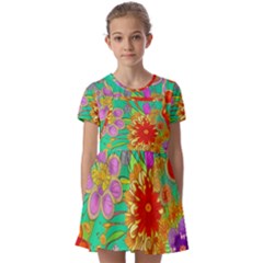 Mid Century Retro Floral 1970s 1960s Pattern 58 Kids  Short Sleeve Pinafore Style Dress by violetheavensky