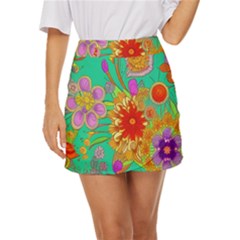 Mid Century Retro Floral 1970s 1960s Pattern 58 Mini Front Wrap Skirt by violetheavensky