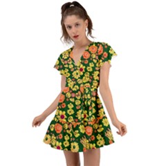 Mid Century Retro Floral 1970s 1960s Pattern 68 Flutter Sleeve Wrap Dress by violetheavensky