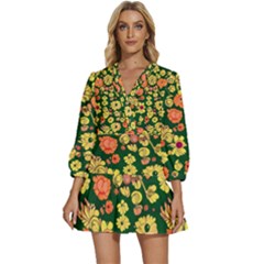 Mid Century Retro Floral 1970s 1960s Pattern 68 V-neck Placket Mini Dress by violetheavensky