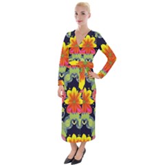 Mid Century Retro Floral 1970s 1960s Pattern 54 Velvet Maxi Wrap Dress by violetheavensky