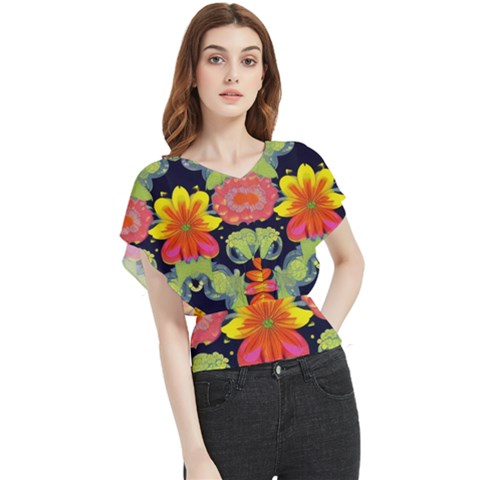 Mid Century Retro Floral 1970s 1960s Pattern 54 Butterfly Chiffon Blouse by violetheavensky