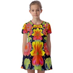 Mid Century Retro Floral 1970s 1960s Pattern 54 Kids  Short Sleeve Pinafore Style Dress by violetheavensky