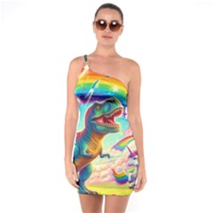 T-rex And Unicorns One Shoulder Ring Trim Bodycon Dress by RainbowTyrannosaurus