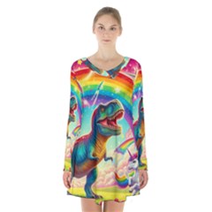 Trex/unicorns Long Sleeve Velvet V-neck Dress by RainbowTyrannosaurus