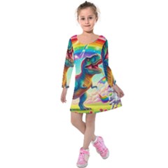 Trex/unicorns Kids  Long Sleeve Velvet Dress by RainbowTyrannosaurus