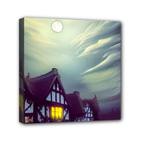 Village Moon Cloudy Historical Tudor Architecture Houses Town Night Windows City Mini Canvas 6  X 6  (stretched) by Posterlux