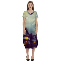 Village Moon Cloudy Historical Tudor Architecture Houses Town Night Windows City T-shirt Midi Dress With Pockets by Posterlux