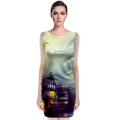 Village Moon Cloudy Historical Tudor Architecture Houses Town Night Windows City Classic Sleeveless Midi Dress by Posterlux