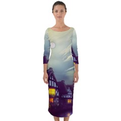 Village Moon Cloudy Historical Tudor Architecture Houses Town Night Windows City Quarter Sleeve Midi Bodycon Dress by Posterlux