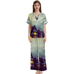 Village Moon Cloudy Historical Tudor Architecture Houses Town Night Windows City Short Sleeve Long Pants Satin Pajamas Set by Posterlux