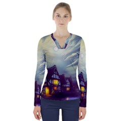 Village Moon Cloudy Historical Tudor Architecture Houses Town Night Windows City V-neck Long Sleeve Top by Posterlux