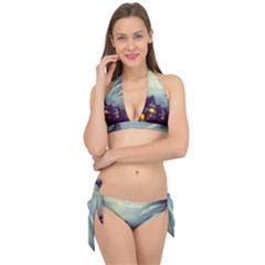 Village Moon Cloudy Historical Tudor Architecture Houses Town Night Windows City Tie It Up Bikini Set by Posterlux