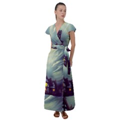 Village Moon Cloudy Historical Tudor Architecture Houses Town Night Windows City Flutter Sleeve Maxi Dress by Posterlux