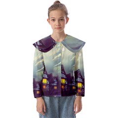 Village Moon Cloudy Historical Tudor Architecture Houses Town Night Windows City Kids  Peter Pan Collar Blouse by Posterlux