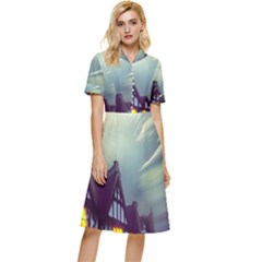 Village Moon Cloudy Historical Tudor Architecture Houses Town Night Windows City Button Top Knee Length Dress by Posterlux