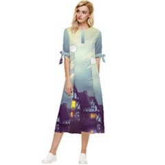 Village Moon Cloudy Historical Tudor Architecture Houses Town Night Windows City Bow Sleeve Chiffon Midi Dress by Posterlux