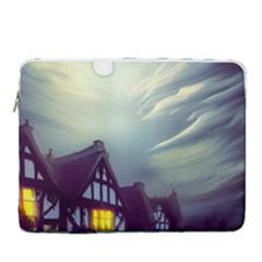 Village Moon Cloudy Historical Tudor Architecture Houses Town Night Windows City 15  Vertical Laptop Sleeve Case With Pocket by Posterlux