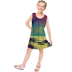 Nature Swamp Water Sunset Spooky Night Reflections Bayou Lake Kids  Tunic Dress by Posterlux