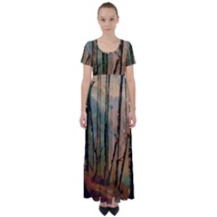 Woodland Woods Forest Trees Nature Outdoors Mist Moon Background Artwork Book High Waist Short Sleeve Maxi Dress by Posterlux