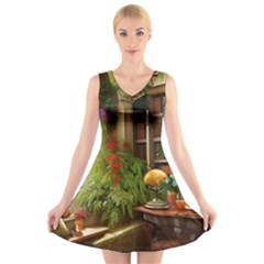 Room Interior Library Books Bookshelves Reading Literature Study Fiction Old Manor Book Nook Reading V-neck Sleeveless Dress by Posterlux