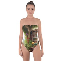 Room Interior Library Books Bookshelves Reading Literature Study Fiction Old Manor Book Nook Reading Tie Back One Piece Swimsuit by Posterlux
