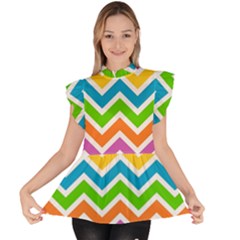 Chevron Pattern Design Texture Ruffle Collar Short Sleeve Chiffon Top by Anend