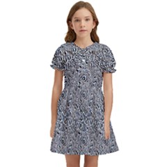 Blue Black Snake Pattern Kids  Bow Tie Puff Sleeve Dress by DinkovaArt