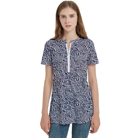 Blue Black Snake Pattern Women s Zip Front V-neck Short Sleeve Casual Top Pocket Shirt by DinkovaArt