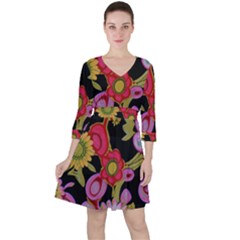 Mid Century Retro Floral 1970s 1960s Pattern 70 Quarter Sleeve Ruffle Waist Dress by violetheavensky