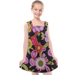 Mid Century Retro Floral 1970s 1960s Pattern 70 Kids  Cross Back Dress by violetheavensky