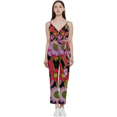 Mid Century Retro Floral 1970s 1960s Pattern 70 V-neck Camisole Jumpsuit by violetheavensky